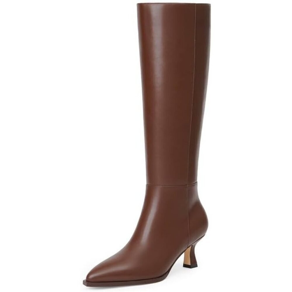 Women's Brown Modatope Knee High Boots for Faux Leather Low Heel Pointed Toe - Picture 1 of 7